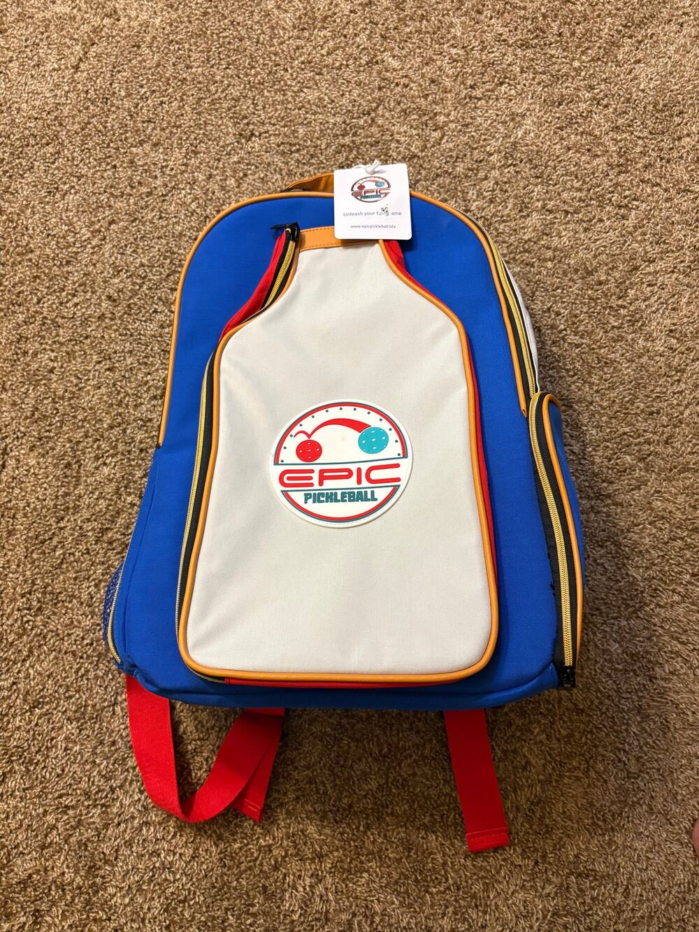 Epic Pickleball Backpack Built-in Cooler Blue/White Holds 2 Paddles 500D Nylon